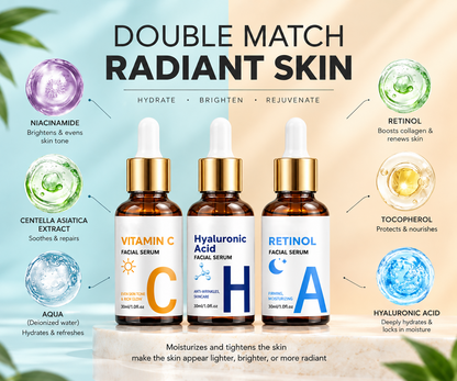 HeyPixsi™ Vitamin C, Hyaluronic Acid & Retinol Facial Serum Set - 3 x 30ml