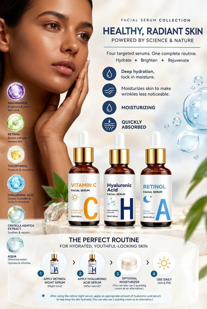 HeyPixsi™ Vitamin C, Hyaluronic Acid & Retinol Facial Serum Set - 3 x 30ml